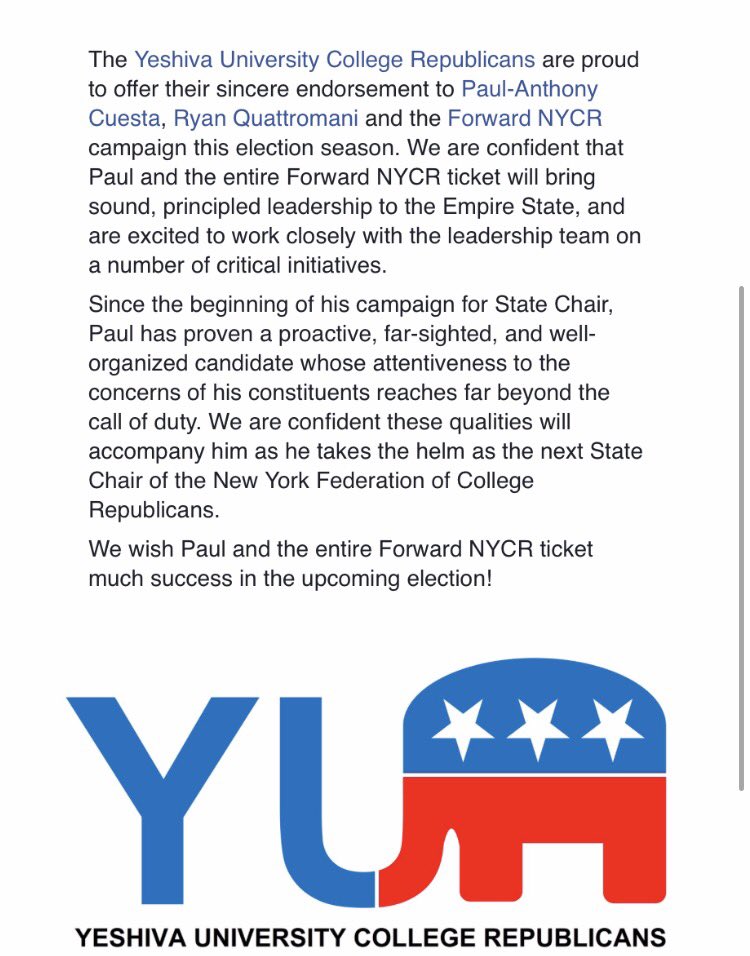 YU_Reps's tweet photo. YU College Republicans formally endorse the Forward NYCR ticket and @PaulCuestaYR for #NYFCR State Chair https://t.co/wquX54Gn6R