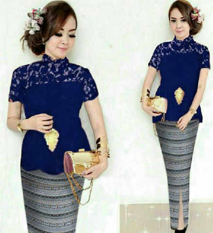 (230gr) Set Kebaya Mayang Navy,hrg 82rb,Top twiscone crepe kombi brukat ada resleting blkg ld 86 pjg 64+ROK katun