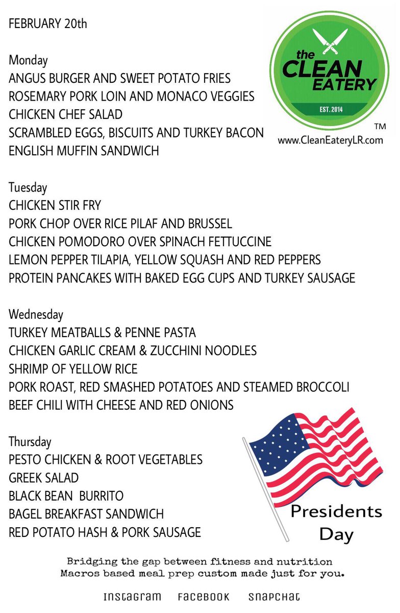 We hope you enjoyed your President's Day Weekend. Please enjoy this week's menu!