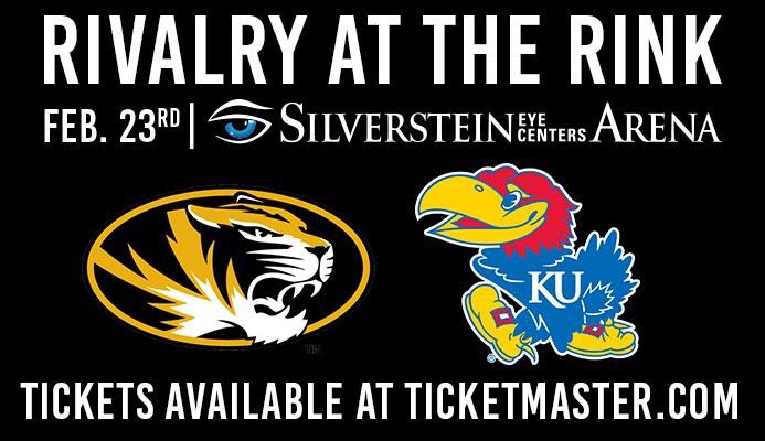 THIS THURSDAY! @mizzouhockey &amp; <a href="/JayhawkHockey/">KU Hockey Club</a> lay it all on the line at Silverstein Eye Centers Arena in #RivalryAtTheRink! 🏒🥅🚨
