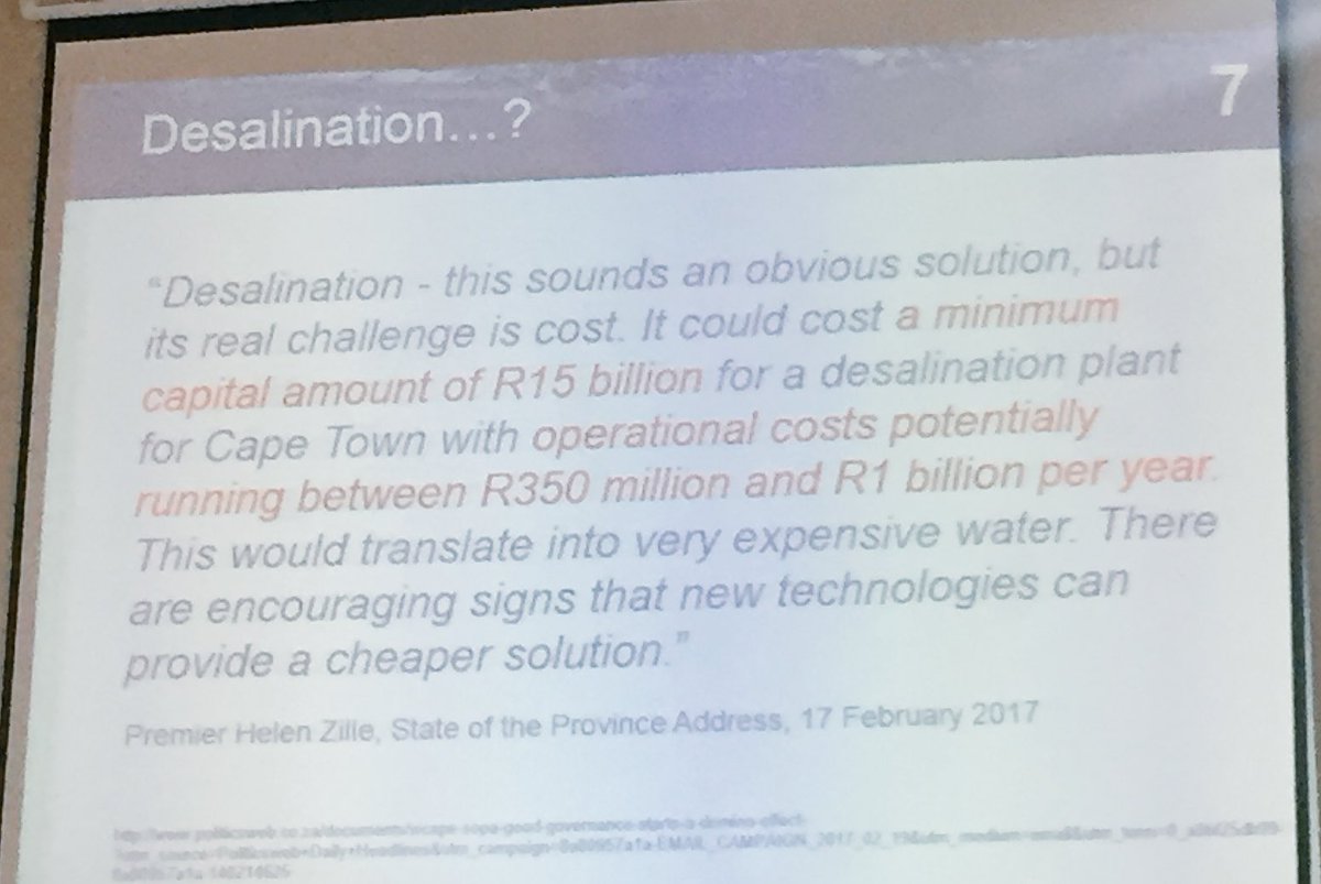 WCGovEADP's tweet photo. #Desalination should be a last resort in addressing the #watercrisis. There are other less costly options to explore. #SSIS2017 https://t.co/FRxy4qbFD0