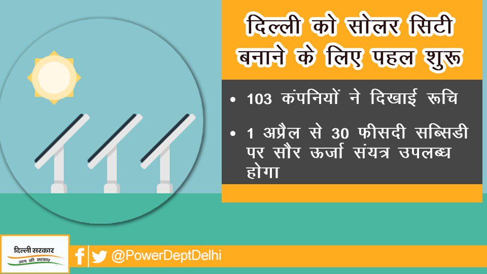 PowerDeptDelhi's tweet photo. दिल्लीवासी 1 अप्रैल से अपने छतों पर सौर ऊर्जा संयंत्र लगवा सकेंगे, सरकार की ओर से वेंडर अधिकृत करने का काम अंतिम चरण में #PowerDeptDelhi https://t.co/smGkSWbpvD