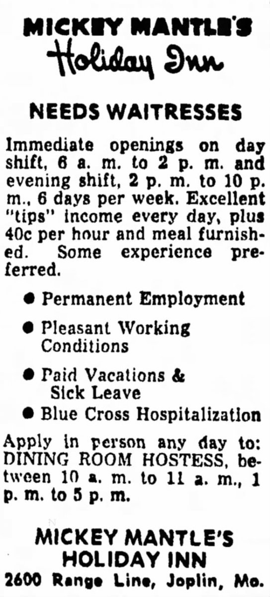 Mickey Mantle's Holiday Inn needs waitresses (March 5, 1962)