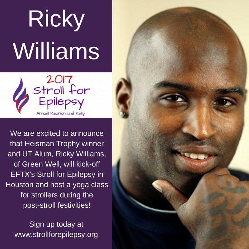 EFTX's tweet photo. Heisman Trophy Winner, Ricky Williams, of Green Well will kick-off the Houston Stroll for Epilepsy! #stroll17 https://t.co/rFI5CxWUDV