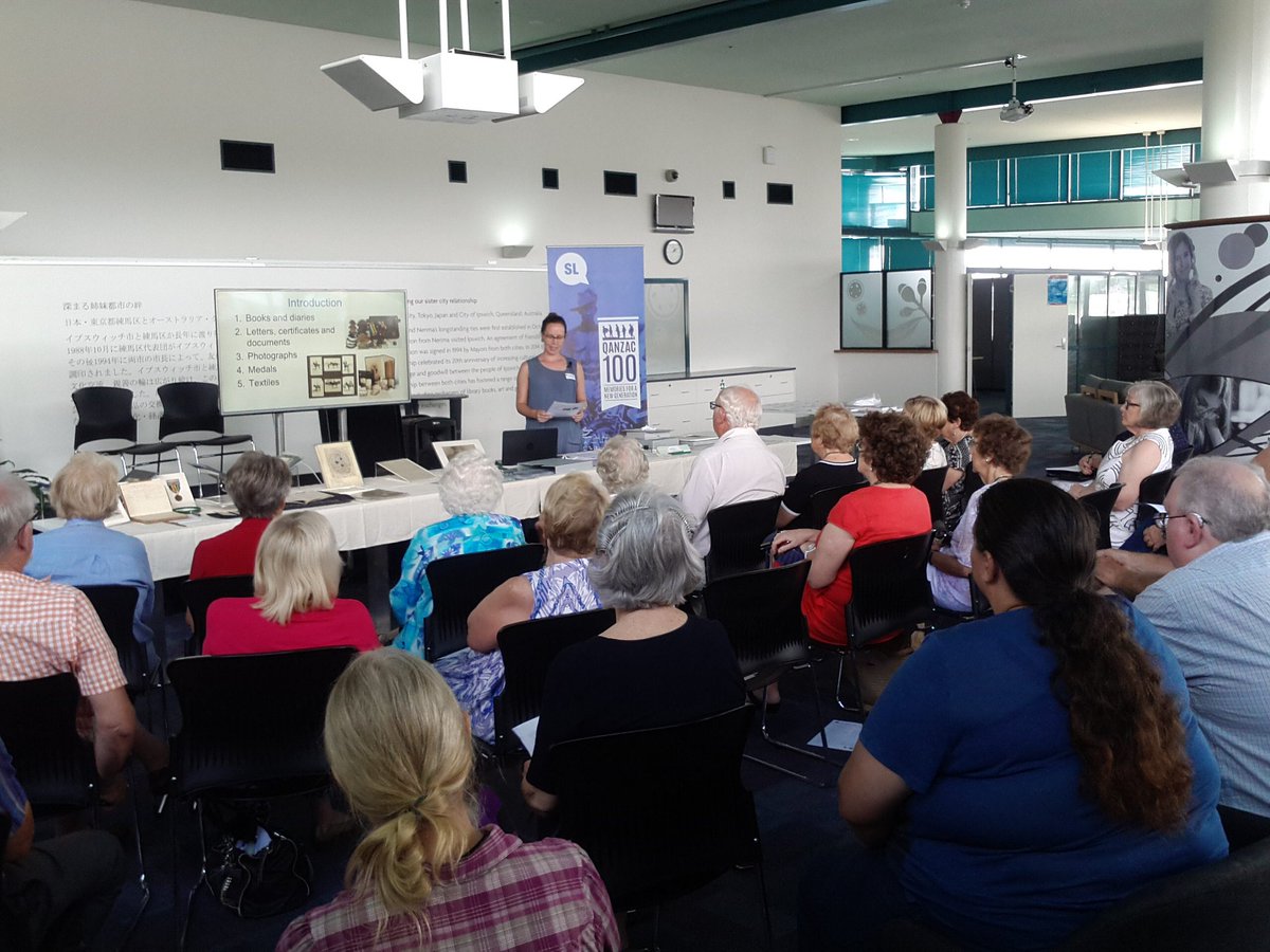 AnneScheu's tweet photo. @slqld's conservator Kelley Leahy leads the #qanzac100 conversation on caring for #WWI treasures #Ipswichlibraries https://t.co/iLc4NydEU5