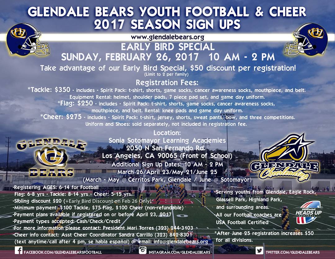 glendalebears's tweet photo. Early Bird Special this Sunday Feb 26, 2017 ONLY!!!
Registrations
10 AM - 2 PM
@ Sonia Sotomayor
#glendalebears #football #cheer #signups https://t.co/PPL5ZhzaxN