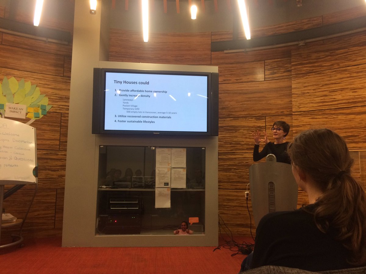 clairegcrowther's tweet photo. The dream vs reality of tiny living. Thanks @CommonEnergyUBC Emerging Green Builders for the #microtopia talk! https://t.co/yTg3ocdkUO