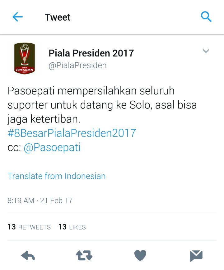 Silahkan berpesta di kota kami, tolong jaga perdamaian dan ketertiban selama di Solo, anda sopan kami lebih sopan, football for unity! :D