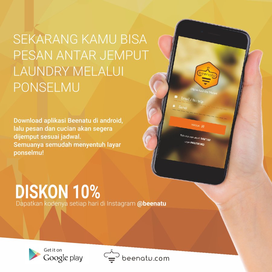 Beenatu_ID's tweet photo. #banjir dimana-mana, cucian numpuk membahana. Pesan laundry antar jemput aja pakai Beenatu. Ada DISKON 10% lho! Get it on play store now! https://t.co/XCKLS1Y74T