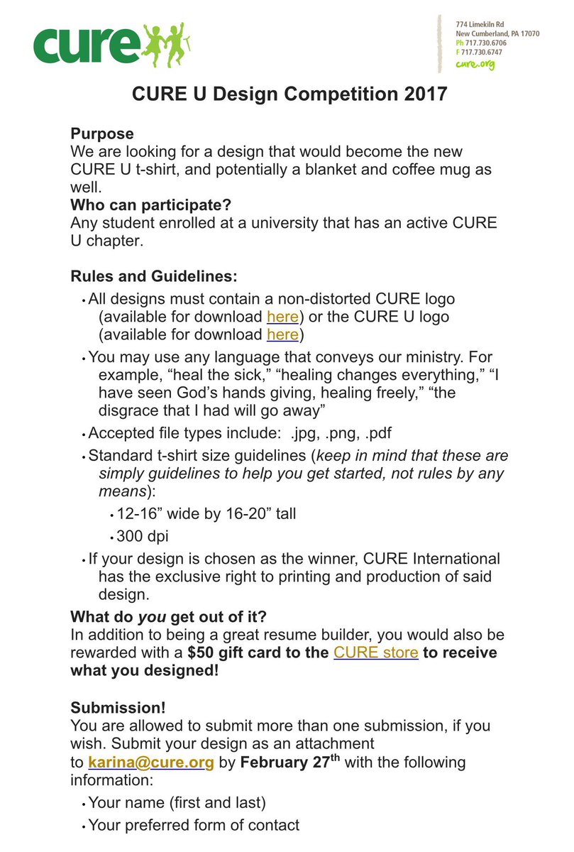 CUREUniversity's tweet photo. Announcing the CURE U design competition, help us #design a shirt! Submissions due Feb 27 #cureu https://t.co/I0Nfg7tZdS