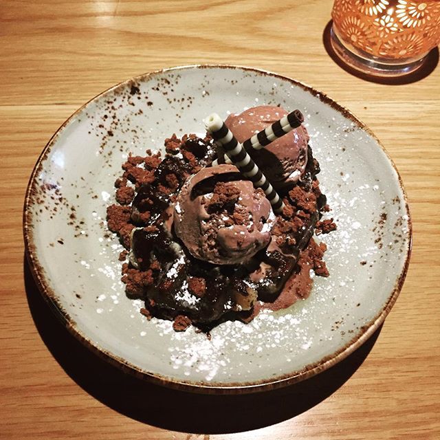 Dessert is served, choc-orange waffles with crushed jaffas.  📷: <a href="/deniseii/">DENISE ALMEIDA</a> #thedukemelbourne #dessert