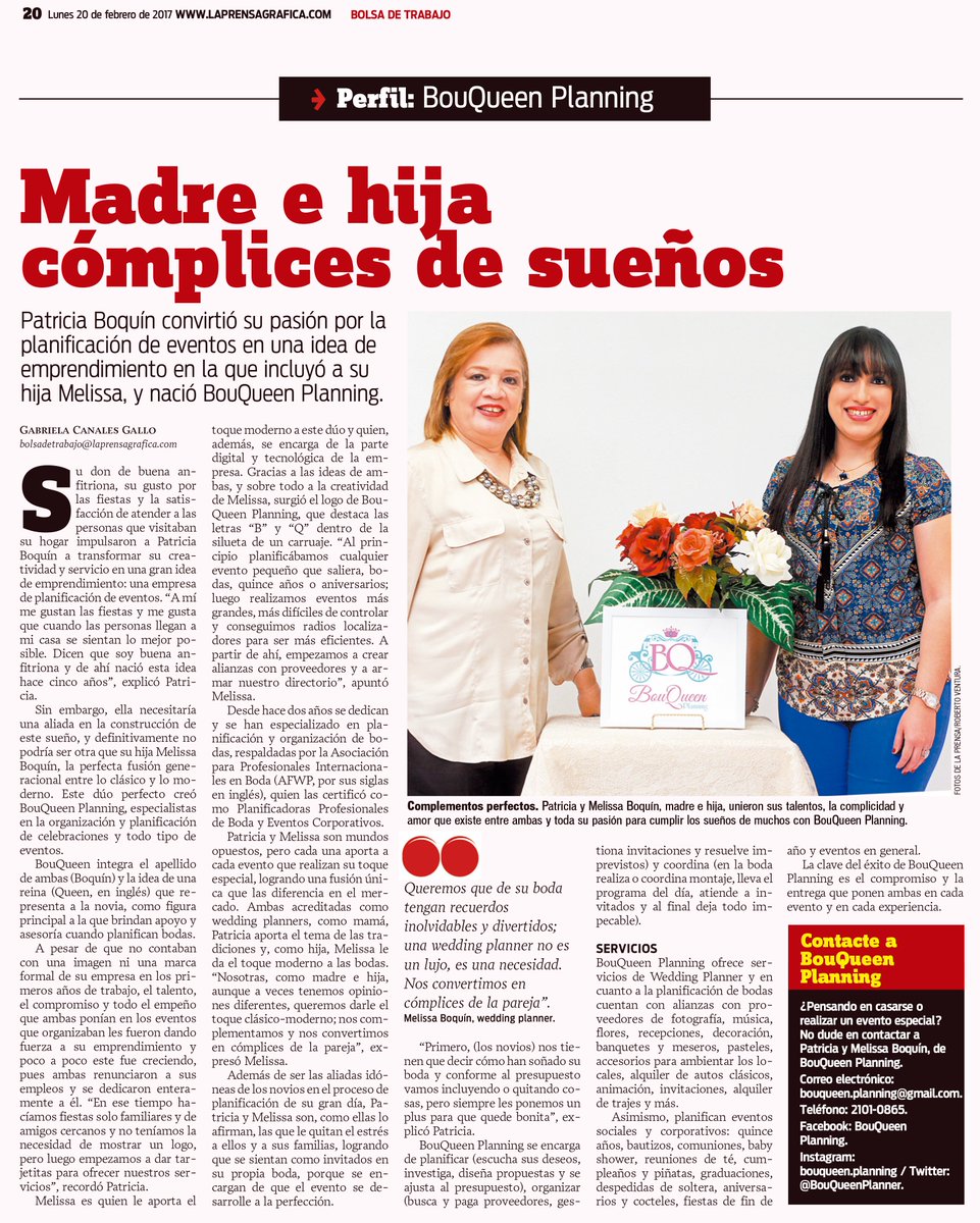 BouQueenPlanner's tweet photo. Búscanos este día en La @prensagrafica y lee la entrevista realizada a @BouQueenPlanner 

"MADRE E HIJA CÓMPLICES DE SUEÑOS" https://t.co/9sekNa6CGl