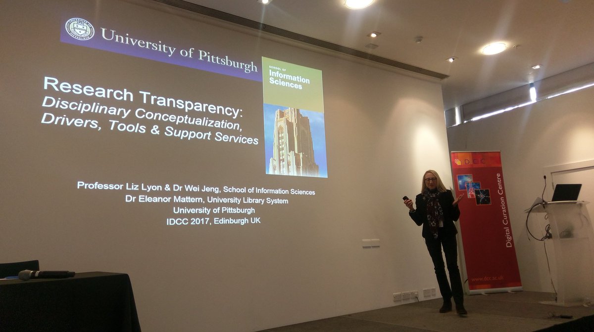 wjeng's tweet photo. Dr. Liz Lyon is presenting Research Transparency--research paper session at #idcc17 https://t.co/ZiFkB6AZnD