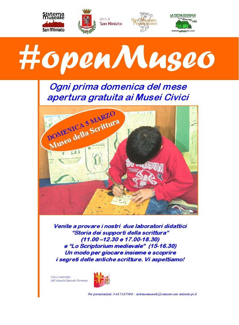 ComuneSMiniato's tweet photo. #openMuseo Domenica 5 marzo apertura gratuita del Museo della Scrittura di #SanMiniatoBasso Venite a trovarci, ci saranno tante sorprese! 🙂 https://t.co/R78upzc8xv