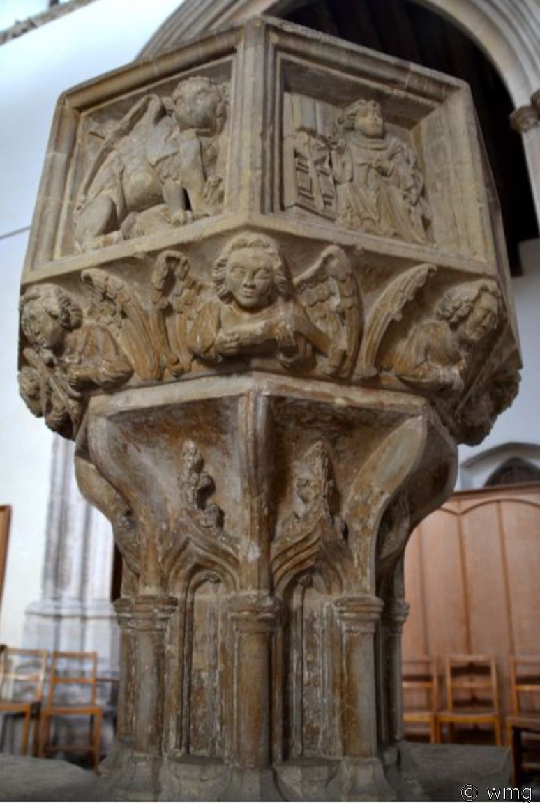 15th C font with fine details of an old woman near a tree from
St Mary's Church Stoke by Nayland #Suffolk