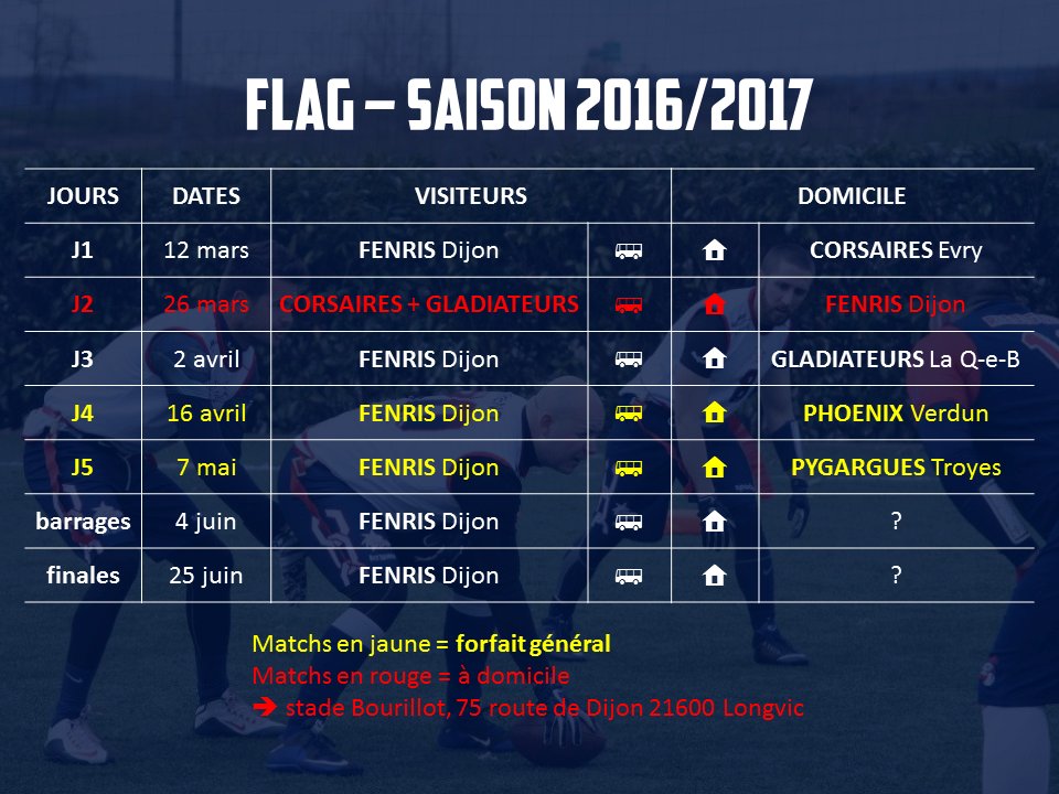 Calendrier FLAG <a href="/corsairesdevry/">Les Corsaires d'Evry</a> <a href="/Gladiateurs94/">Gladiateurs Football</a> #fenris #flag #dijon 
Journée à domicile : 26 mars ! @bhenry_live <a href="/BienPublicSport/">Le Bien Public Sport</a>