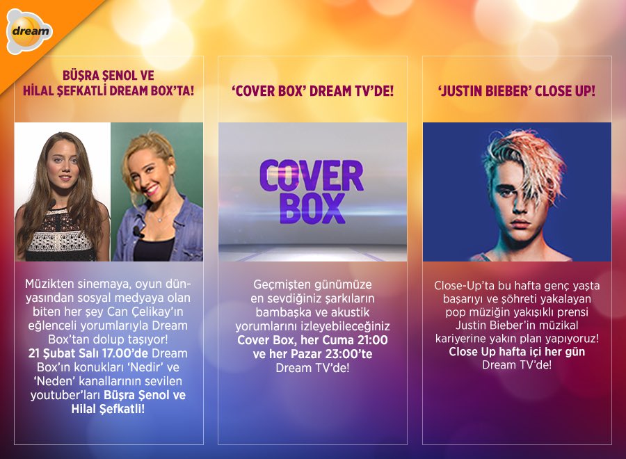 DreamTvOfficial's tweet photo. #DreamTV'de bu hafta! ##DreamBox #CoverBox #JustinBieber @justinbieber @BusraaSenoll @lalsefktli https://t.co/RuPHnzQKwI