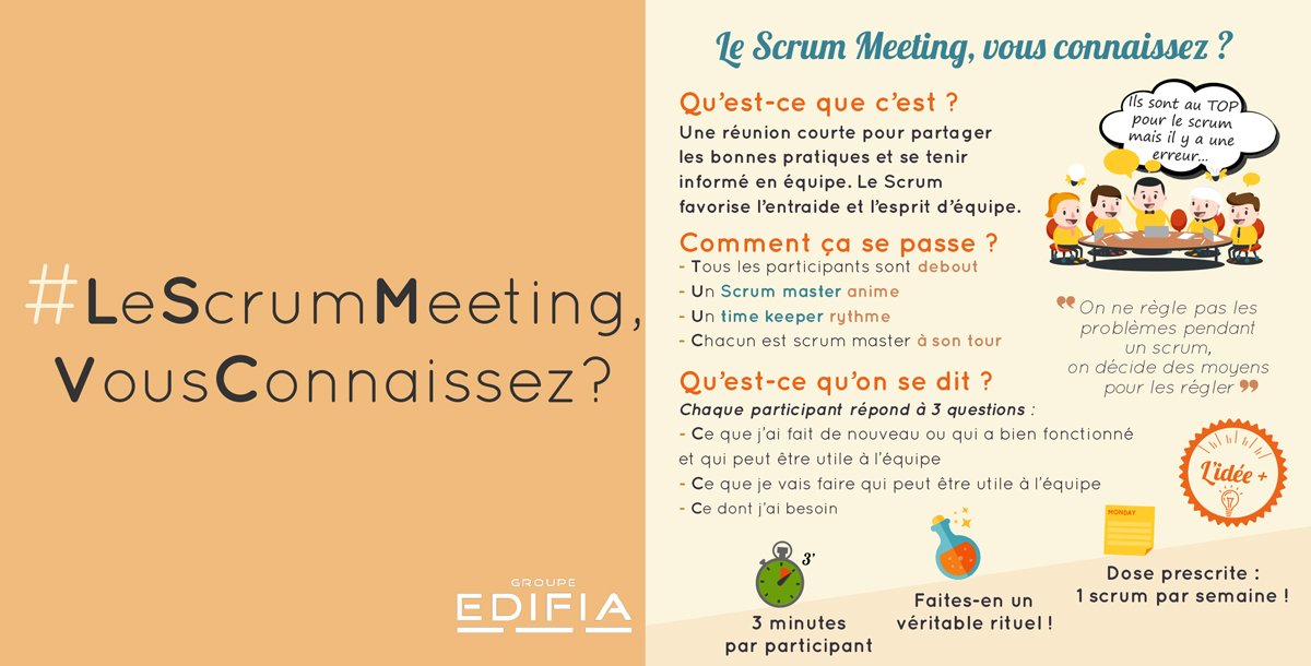 GroupeEdifia's tweet photo. #Astuce2 du mois de #Février : Découvrez #LeScrumMeeting et favorisez l'entraide et l'esprit d'équipe lors de vos réunion! 😄👍🎉 https://t.co/euPkrD2FvH