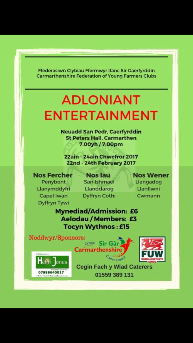 Dewch i ymuno gyda ni am dair noson o adloniant pur gan aelodau <a href="/cffisirgar/">CFfI Sir Gâr YFC</a>. Croeso i bawb! 
Un diwrnod i fynd.....ymarferion munud ola'!!!