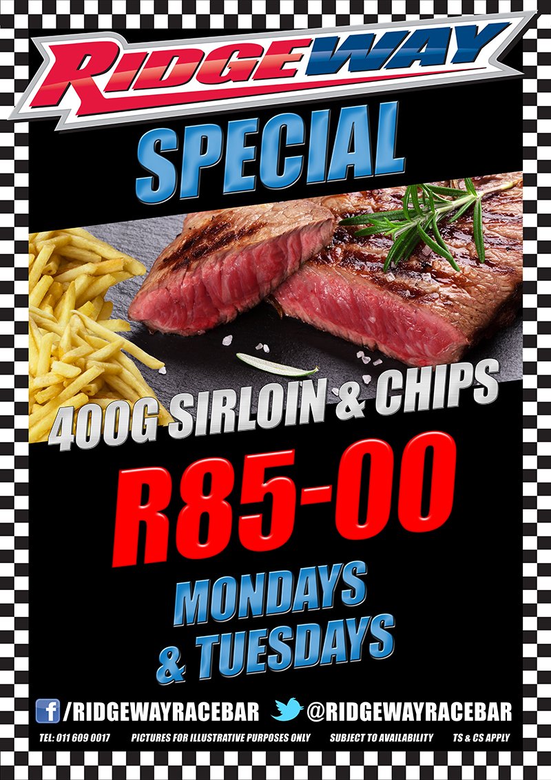 Join us for our lunch today - our SIRLOIN SPECIAL is a Massive 400g Sirloin &amp; Chips - only R85-00.