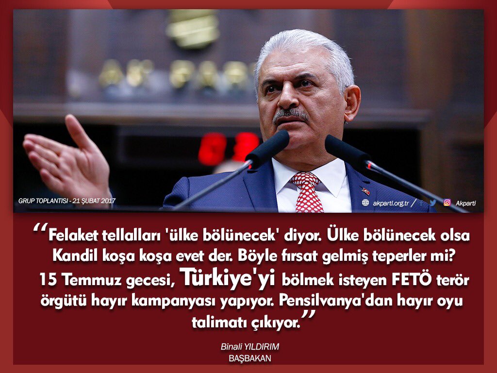 "Türkiye'yi bölmek isteyen FETÖ terör örgütü hayır kampanyası yapıyor. Pensilvanya'dan hayır oyu talimatı çıkıyor."