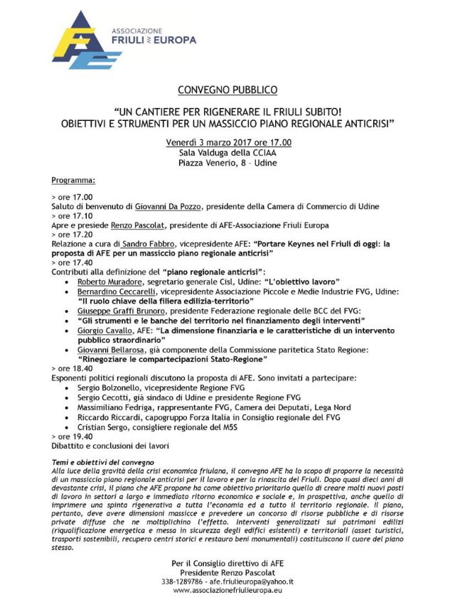 ++++NEWS++++
Sala Valduga, venerdì 3 Marzo 2017 ore 17, convegno pubblico #AFE