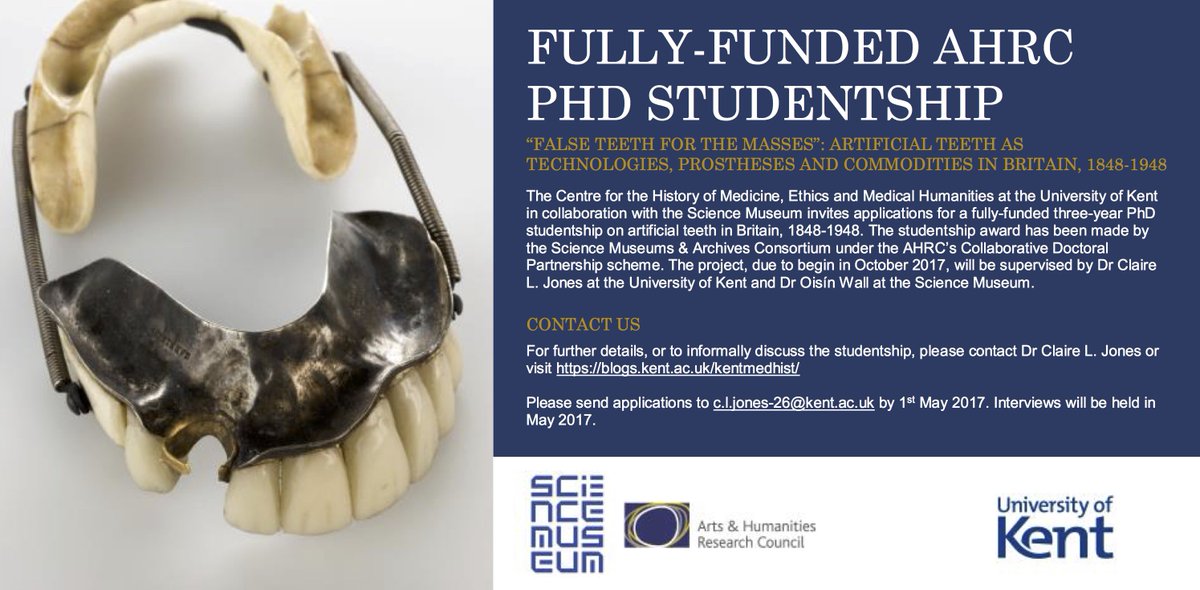 Exciting PhD studentship opportunity w/ @Claire_L_Jones <a href="/UniKentHistory/">School of History at the University of Kent</a> <a href="/sciencemuseum/">Science Museum</a> details here: jobs.ac.uk/job/AXL296/phd…