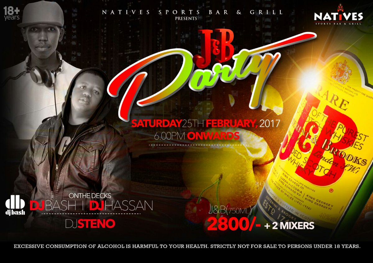 HomeboyzRadio's tweet photo. Awesome plot for this Saturday. The J&amp;B party going down at Natives Sports Bar &amp; Grill from 6pm. It's gonna be LIT!
#JBParty
@NativesKenya https://t.co/23KOt7B77Z