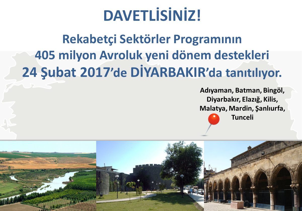 Rekabetçi Sektörler Programı Bilgilendirme Seminerleri 24 Şubat'ta Diyarbakır Hilton Garden Inn’de düzenlenecek toplantıyla devam ediyor.