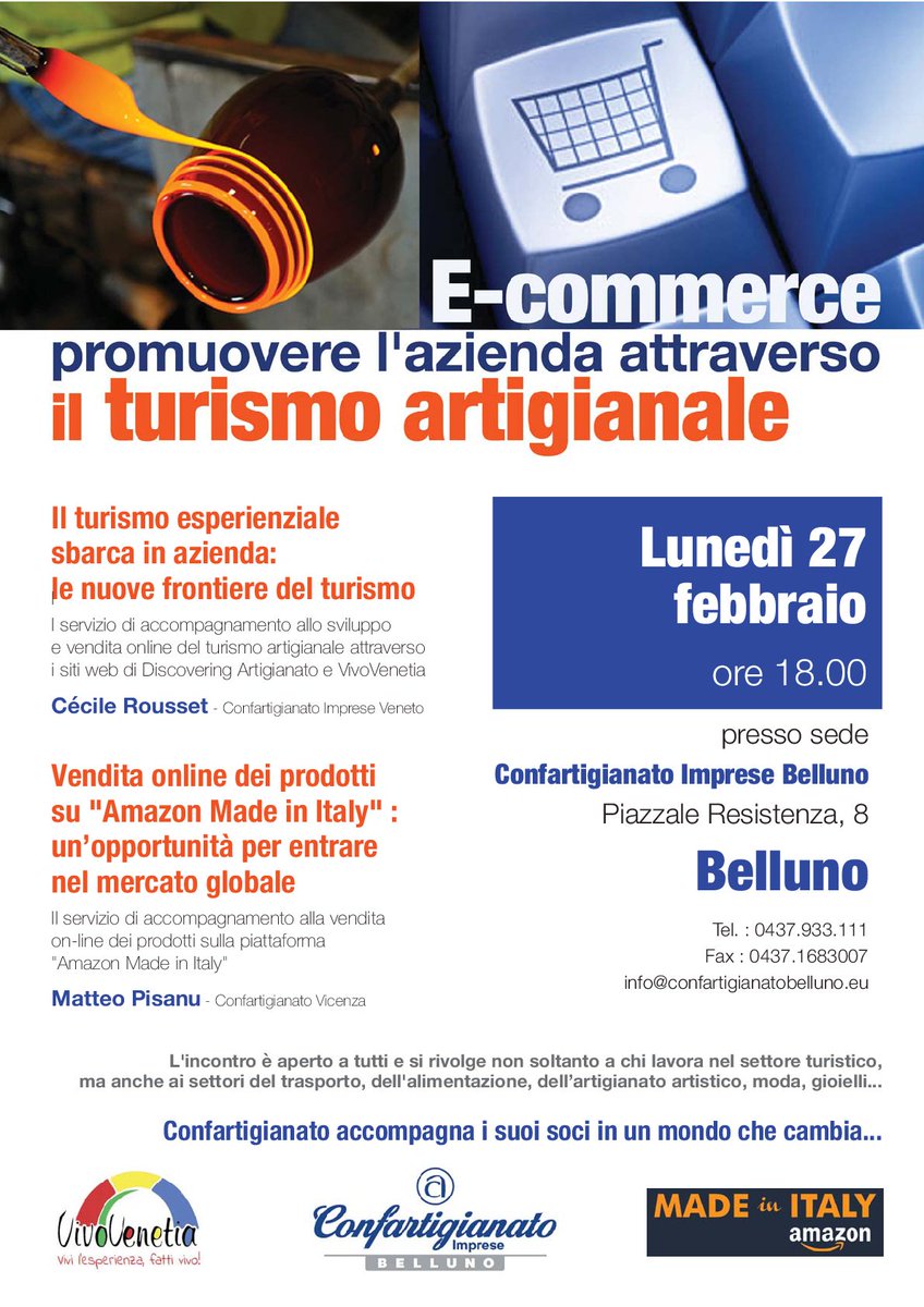 Da lunedì 27 gli incontri di <a href="/ConfartVeneto/">Confartigianato Imprese Veneto</a>  su #turismoartigianale ed #ecommerceperleimprese. Si parte da Belluno!