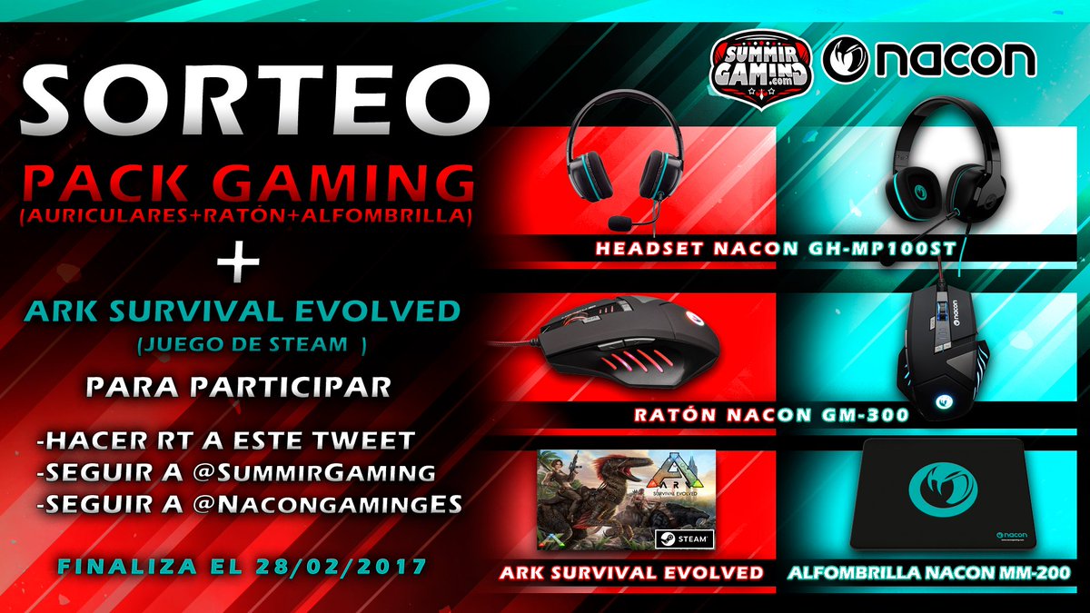 SummirGaming's tweet photo. 🎁#SORTEO PACK GAMING #NACON

 🕹HeadSet + Ratón + Alfombrilla + ARK

 🔃RT a Este Tweet
 👉Seguir a @SummirGaming
 👉Seguir a @NacongamingES https://t.co/8Jqm1kTAEB