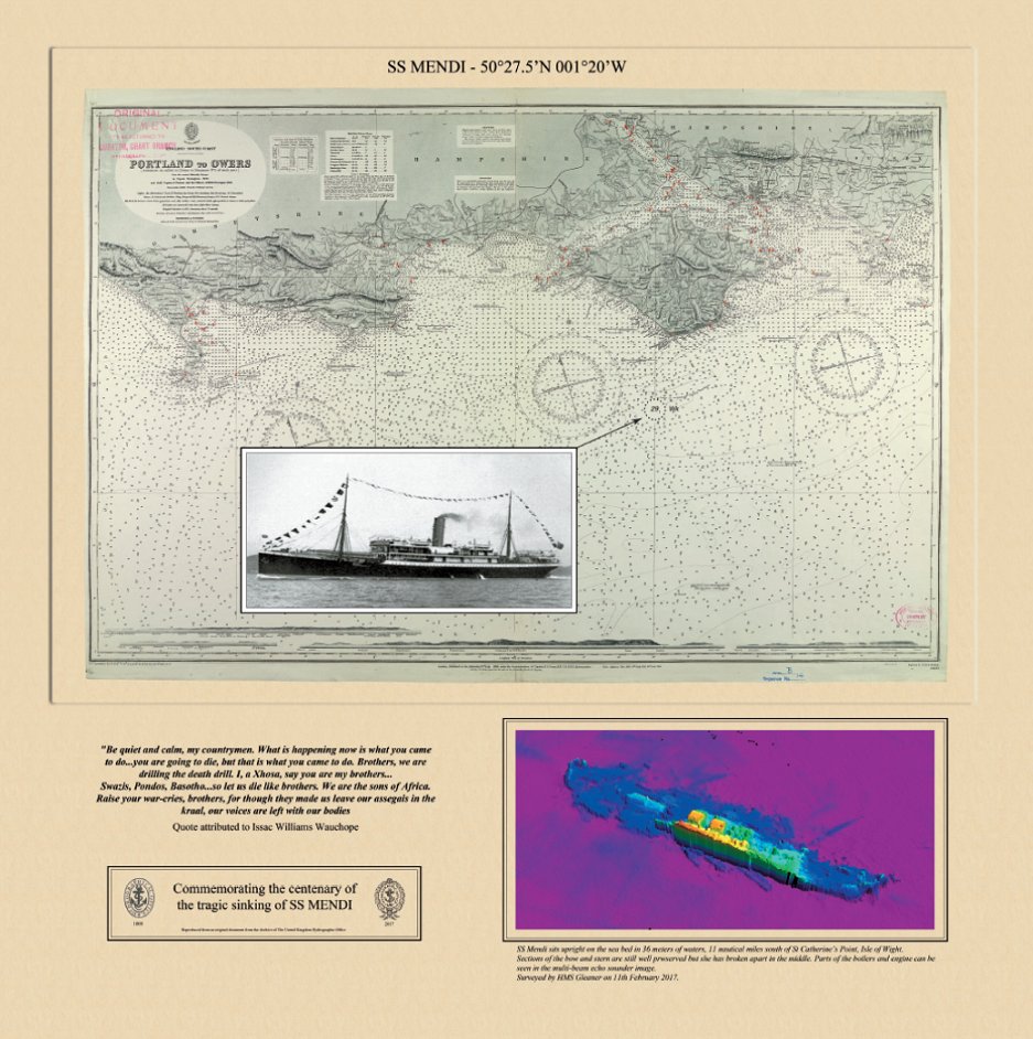 UKHO's tweet photo. Using data from #HMSGleaner and the UKHO archive, this commemorative stoic was created to mark the centenary of the sinking of #SSMendi. https://t.co/mLAmAPg2GW