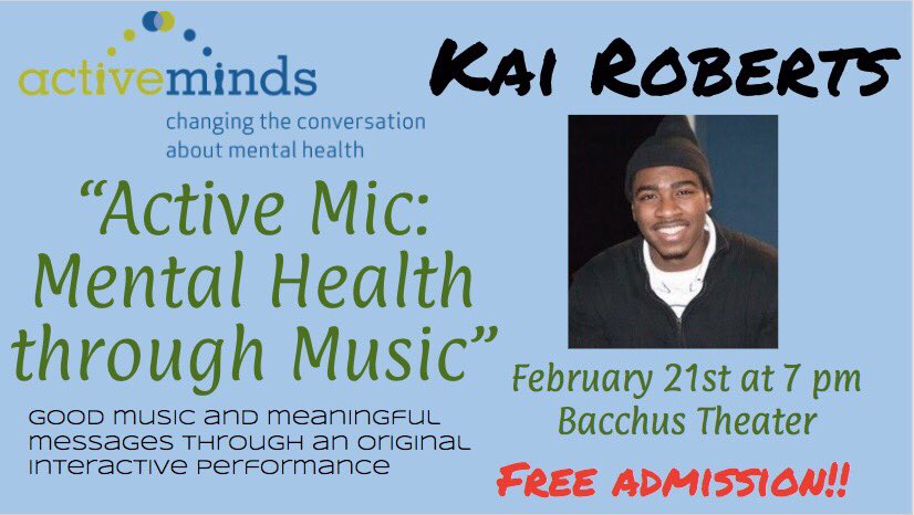 Active Minds at UD (@activemindsudel) on Twitter photo Tonight! Bacchus Theater at 7pm! Free! Great music and a great time. <a href="/kairobertsmusic/">Kai Roberts</a> ππ Tonight! Bacchus Theater at 7pm! Free! Great music and a great time. <a href="/kairobertsmusic/">Kai Roberts</a> ππ