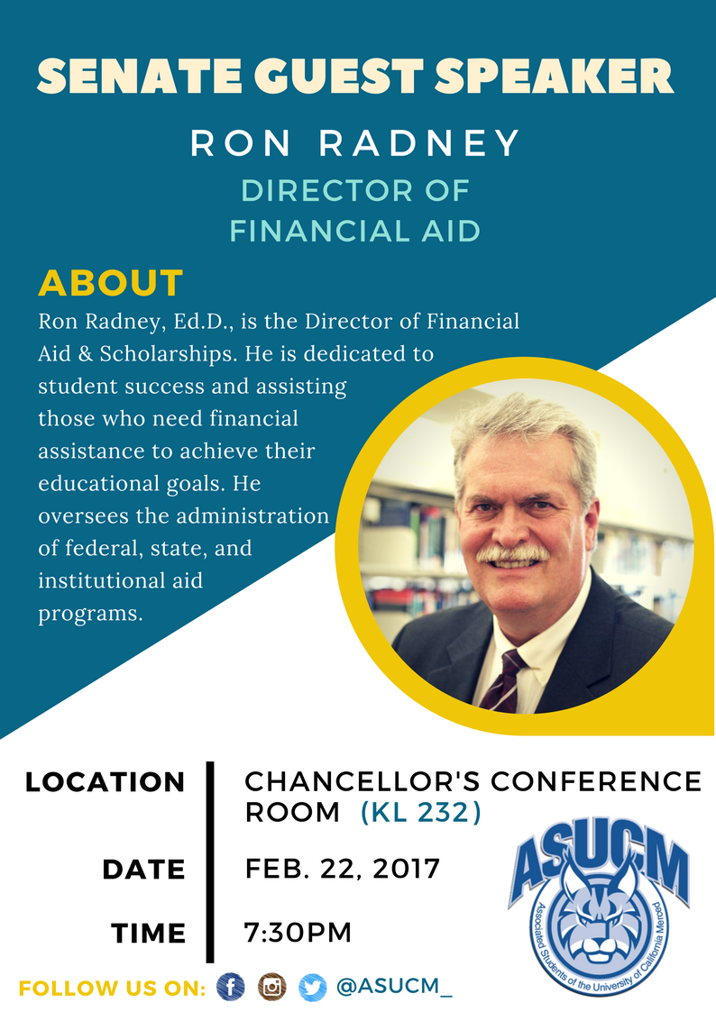 ASUCM_'s tweet photo. This week's Guest Speaker, Ron Radney, Director of Financial Aid and Scholarship, will be at Wed.’s Senate meeting @ 7:30pm in KL 232. https://t.co/dR3ac2fGRH