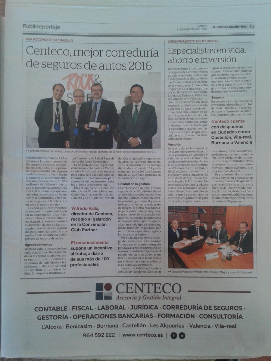 centeco's tweet photo. Hoy @epmediterraneo dedica una página a #Centeco. #CuentaconCenteco #asesoria #gestoria #seguros #abogados #laboral https://t.co/ZGhHxeTkMh https://t.co/5PDKo2KUun