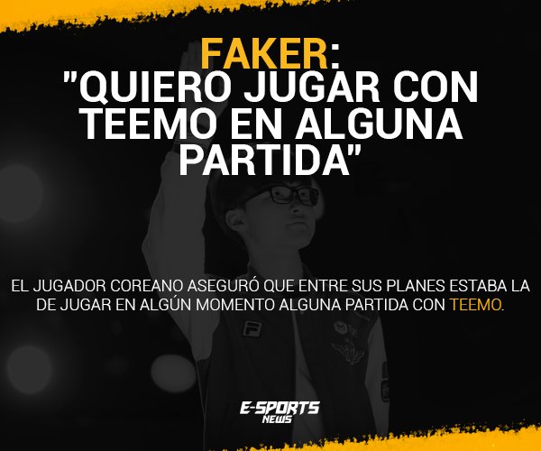 eSportsNewsARG's tweet photo. Faker: "Quiero jugar con Teemo en alguna partida"

Faker aseguró que estaba en sus planes jugar en algún momento alguna partida con Teemo. https://t.co/BEKrJJ6JFC