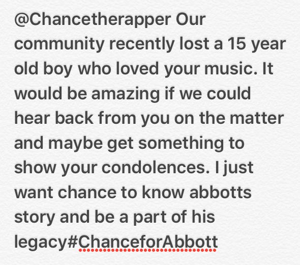 maddie_engelau's tweet photo. We understand that @chancetherapper is a very busy person, but please keep liking and retweeting❤️ -Nathan Fairchild #ChanceForAbbott https://t.co/i1Z00AbVfh