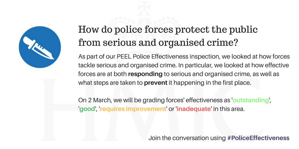 HMICFRS's tweet photo. How effective is your local #Police force at tackling serious and organised crime? Find out on 2 March #PoliceEffectiveness https://t.co/JogNDgEwtT