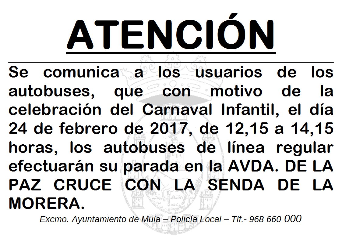COMUNICACIÓN PARA L@S USUARI@S DE AUTOBUS MULA A MURCIA Y MULA A CARAVACA PARA EL DÍA 24 DE FEBRERO.