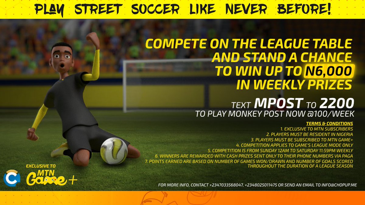 Chop_Up's tweet photo. #MonkeyPost competition has been extended. Join now and win yourself up to N6,000 in weekly prizes .@MTNNG .@mypaga .@lindaikeji #gamedev https://t.co/YKzqpF19VK