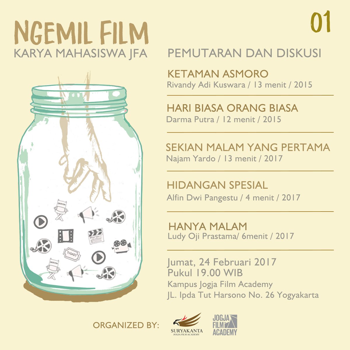 Dateng yuk ke acara Ngemil Film. Jumat, 24 Feb 2017 pukul 19.00 WIB, di kampus Jogja Film Academy. See u❤
