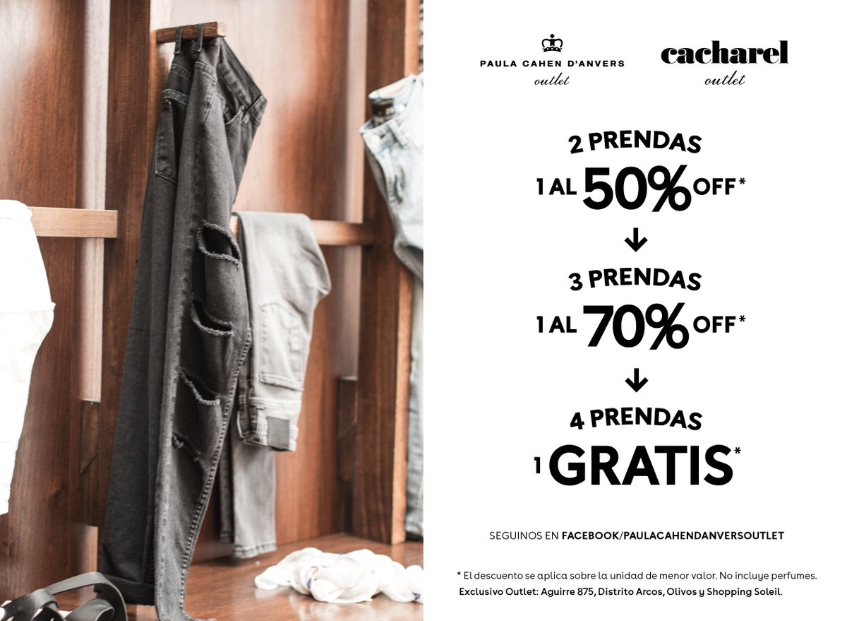 #Sale Llevando 2 prendas, 1 al 50% OFF - 3 prendas, 1 al 70% OFF - Llevando 4 prenda, 1 gratis! Exclusivo en nuestros outlets.🔥