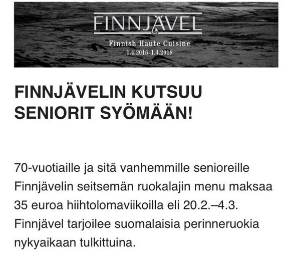 Olis hyvä aika viedä iäkkäämmät maistelemaan lapsuuden makuja🍽Tai seniorit porukalla juhlimaan🍷
#onceinalifetime <a href="/HenriAlen/">Henri Alén</a> <a href="/finnishdevil66/">Ultima Fiasco?</a>