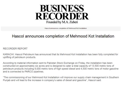Hascol announces completion of Mehmood Kot Installation - Business Recorder
#Hascol #FutureIsHascol #HPL