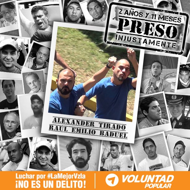 VoluntadPopular's tweet photo. Hoy @ElGatoDeAragua y @RBADUEL cumplen 2 años y 11 meses presos injustamente por pensar distinto #LibertadYA https://t.co/dCIkba0qDN