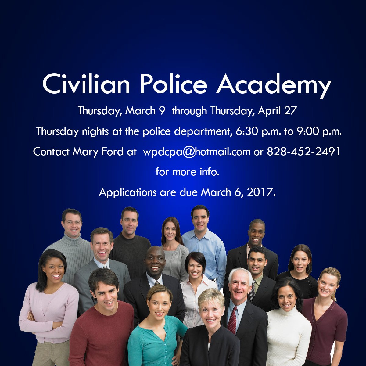 Haywoodchamber's tweet photo. Civilian Police Academy! Thurs 3.9.2017-4.27.2017! Apps due 3.6.2017! wpdcpa@hotmail.com for more info! #hywd #CPA https://t.co/ww0zNeqaOt
