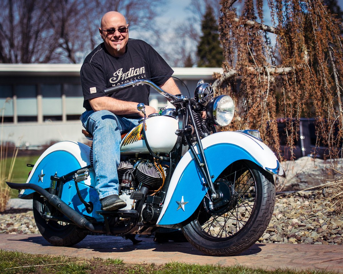 HardTales's tweet photo. Joe &amp; his 1940 @indianmotocycle 
#MotorCycles #biker #HardTales https://t.co/NkrOlVsAwY