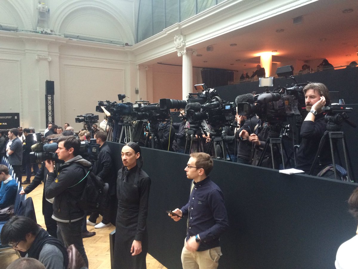 lawrobarretto's tweet photo. Cameras in position. Prost, Abiteboul, Taffin, Permane and Chester are to the left ahead of the presentation. #renaultlaunch https://t.co/uHFiNQM1rq