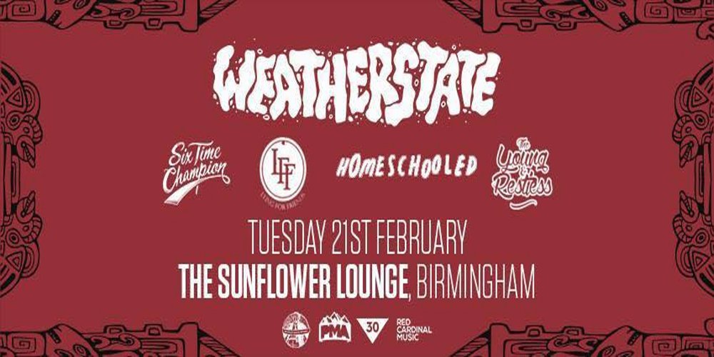 Get down to <a href="/Sunflowerlounge/">The Sunflower Lounge</a> TONIGHT! Catch <a href="/Weatherstate/">WEATHERSTATE</a> <a href="/STCofficialuk/">Six Time Champion</a> <a href="/LFF_UK/">Lying For Friends</a> Home Schooled &amp; @TYandRestlessUK. TICKETS AVAILABLE OTD🤘🏼