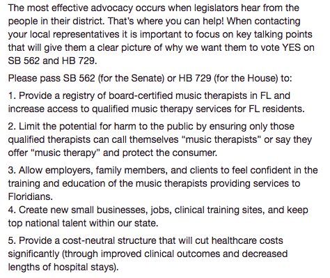 FLMTTaskForce's tweet image. Wondering what to say to your representatives? Learn key talking points and prep your "MT Registry Bill elevator speech"!  #FLMusicTherapy